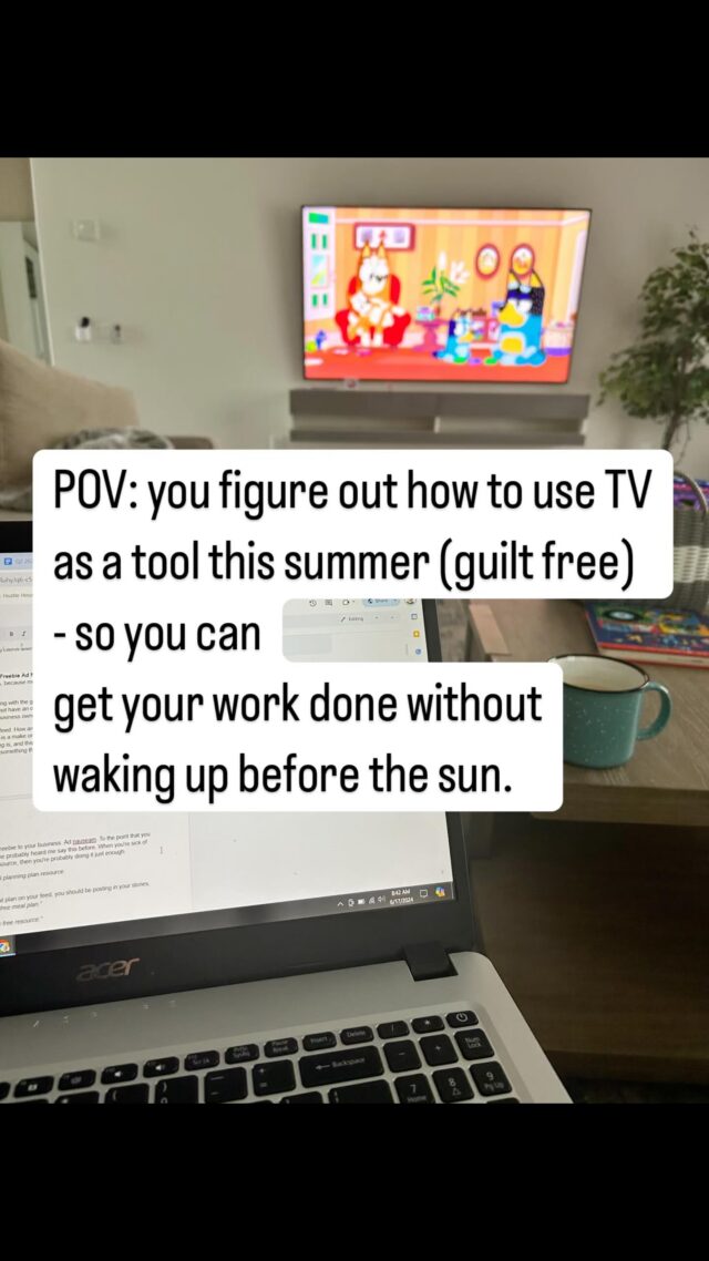 NOT A MOM SAYING TO USE SCREEN TIME 😱😂🫠

Listen, I run a business, a household & have 2 kids. 

Want to know how I do it all? 

90 minutes of TV time in the middle of the day. My kids need some down time & I need to work - with minimal distractions. 

There are other times & places we are completely screen free (ex: we don’t do screens as restaurants) 

But this routine works for our family & it might work for yours to o & there is NO reason to have guilt around it. 

This 90 minutes means I’m not hoping for “random pockets of time” throughout the day anymore. 

In the summer, it’s a mompreneurs dream.

So this is your sign to make a routine that works for YOU & don’t worry about what anyone on the outside thinks.